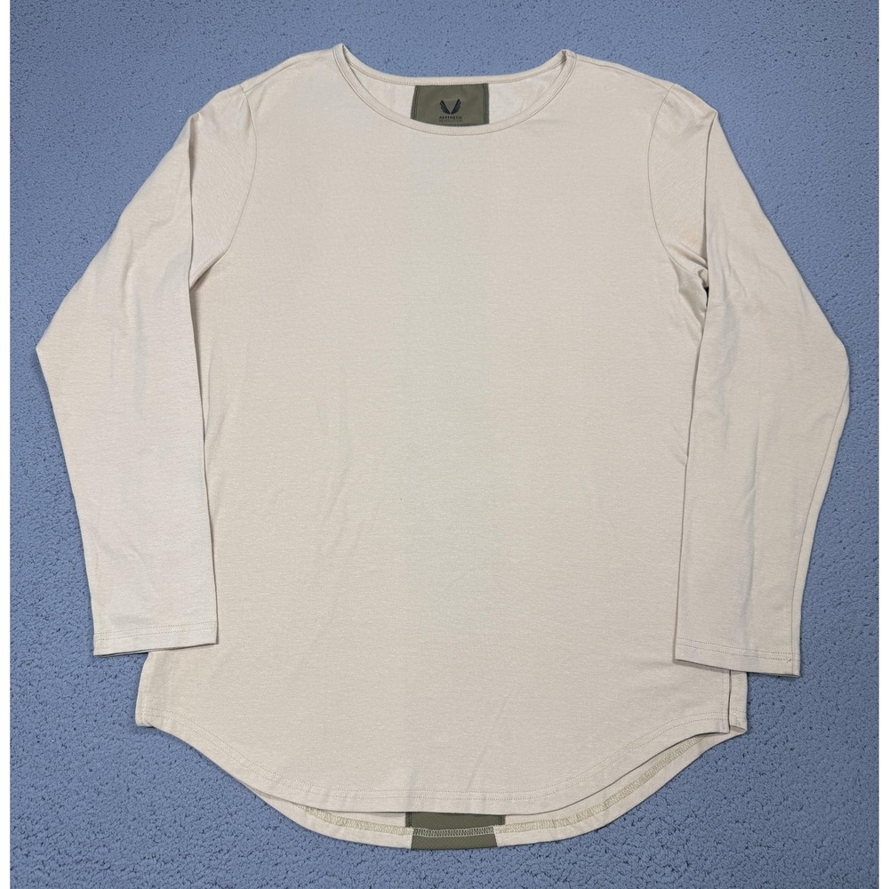 ASRV Aesthetic Revolution Shirt Mens XL Beige Long Sleeve Curved Hem Tagless Tee